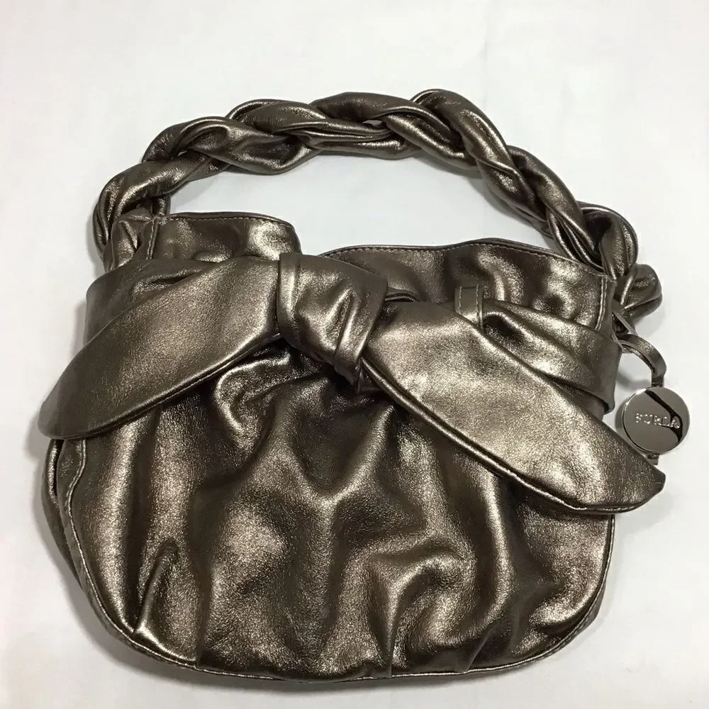 Furla Leather Gold Metallic Hobo Bag Braided Strap Bow Mini Handbag